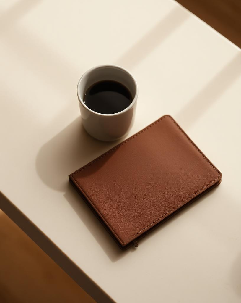 Taza de café y libreta de piel sobre mesa de piedra crema, representando el programa REDEFINE® Clarity