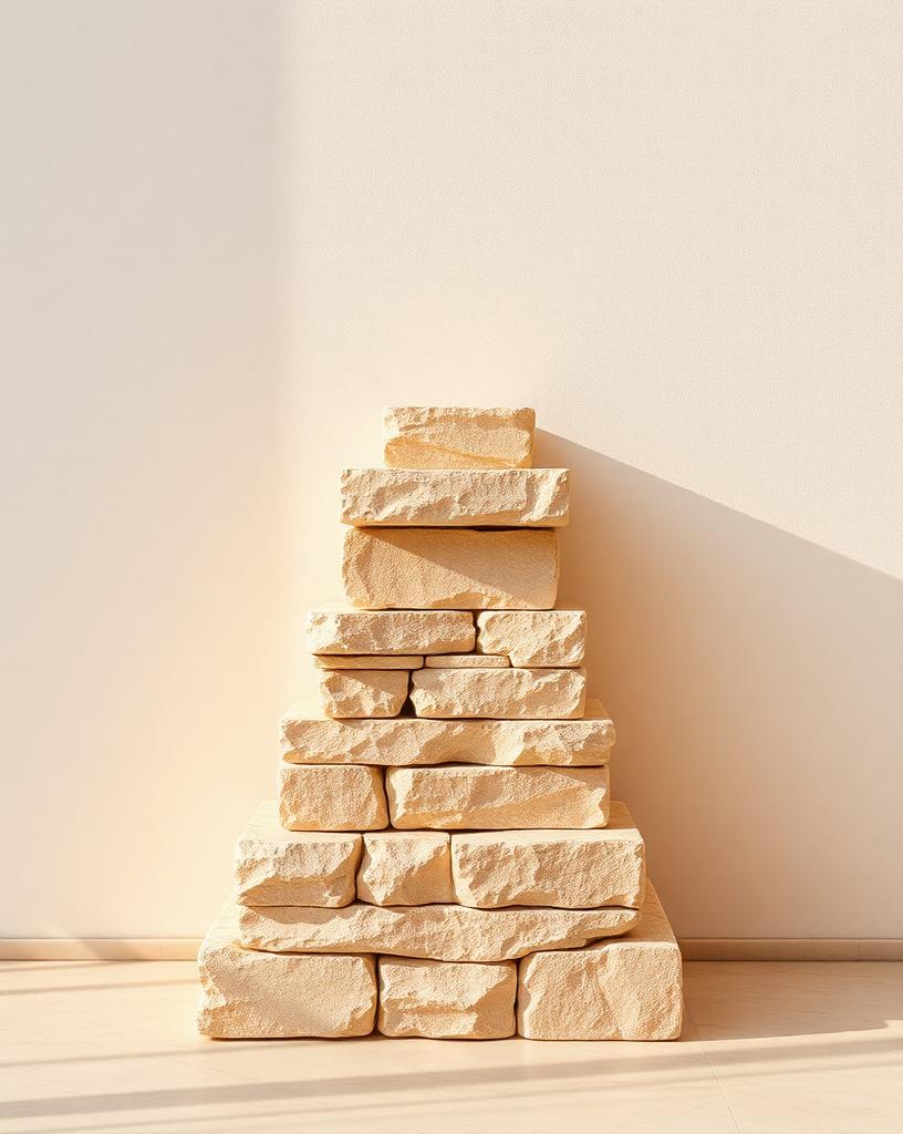 Bloques de piedra travertino apilados en ascenso contra muro crema, representando el programa Desarrollo de Carrera REDEFINE®
