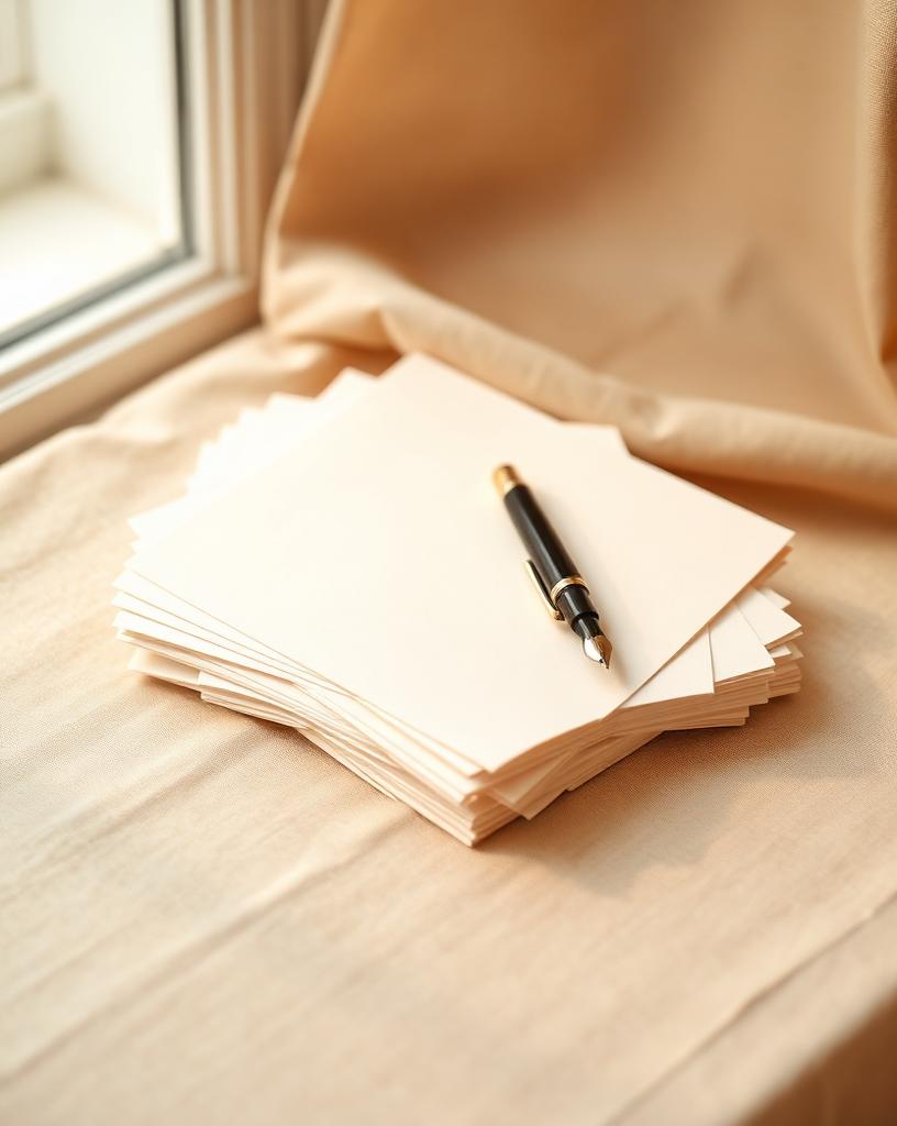 Hojas de papel crema y pluma fuente sobre lino beige, representando el reporte diagnóstico de Pruebas REDEFINE®