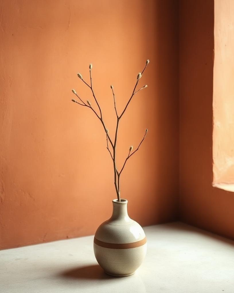 Rama escultórica en florero de cerámica artesanal contra muro de arcilla cálida, representando el programa REDEFINE® Reinvención Profesional